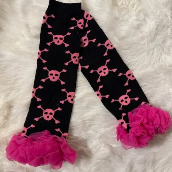 Black & Pink Skull Legwarmers with Chiffon Ruffle NWT Boutique - Picture 1 of 1